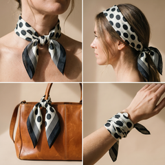 Roselys Paris foulard femme blanc noir géométrique carré satiné 70x70 cm, en bandeau dans les cheveux