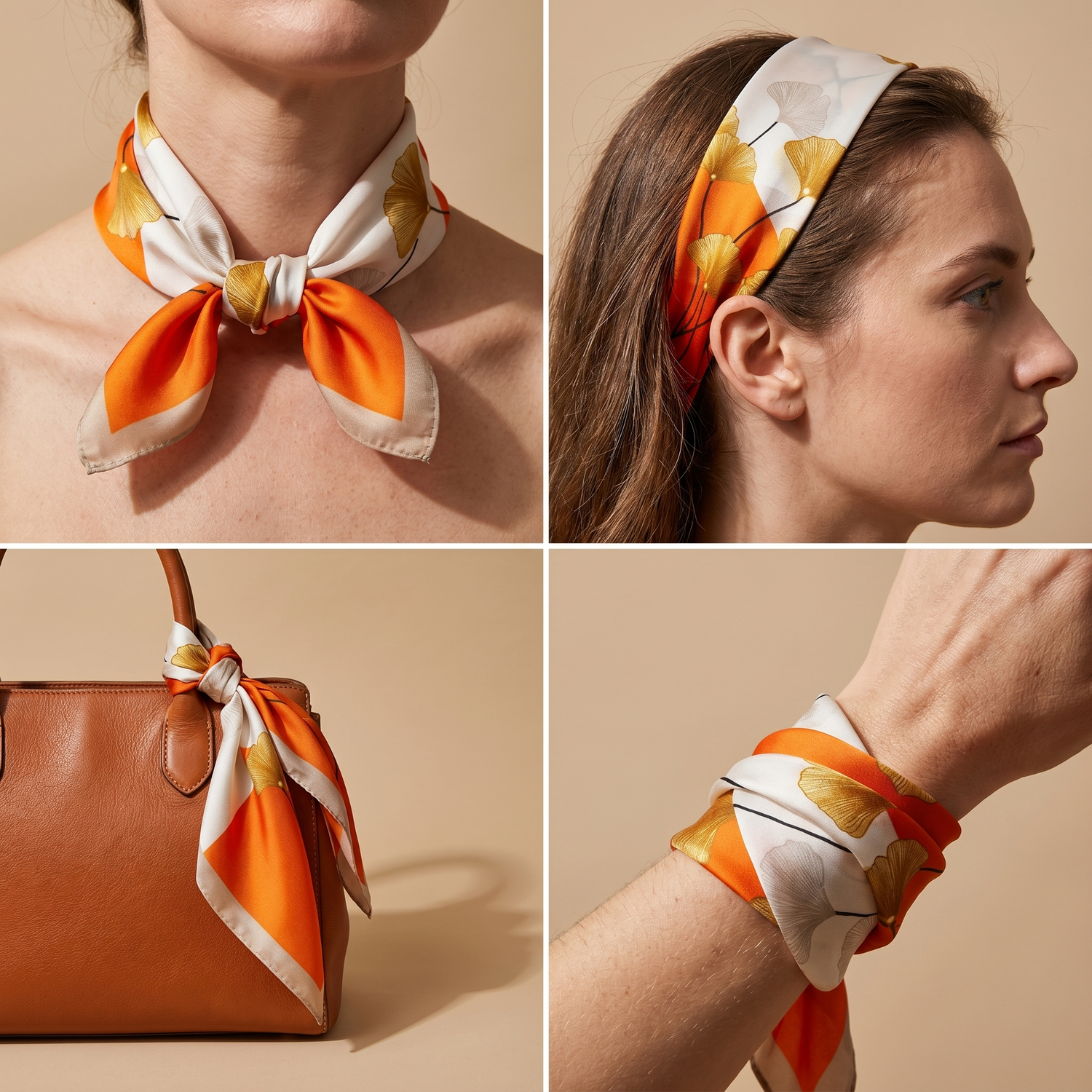 Roselys Paris foulard femme orange crème baroque carré satiné 70x70 cm, en bandeau dans les cheveux