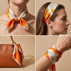 Roselys Paris foulard femme orange crème baroque carré satiné 70x70 cm, en bandeau dans les cheveux
