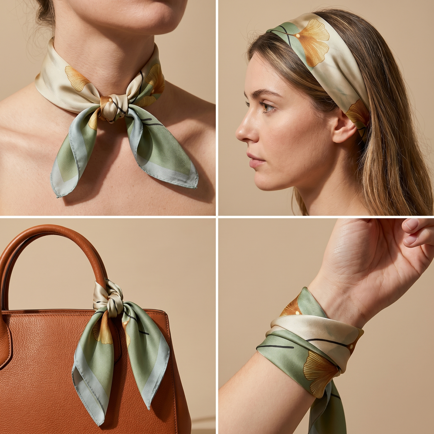 Roselys Paris foulard femme doré vert fleuri carré satiné 70x70 cm, en bandeau dans les cheveux