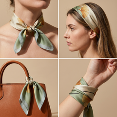 Roselys Paris foulard femme doré vert fleuri carré satiné 70x70 cm, en bandeau dans les cheveux