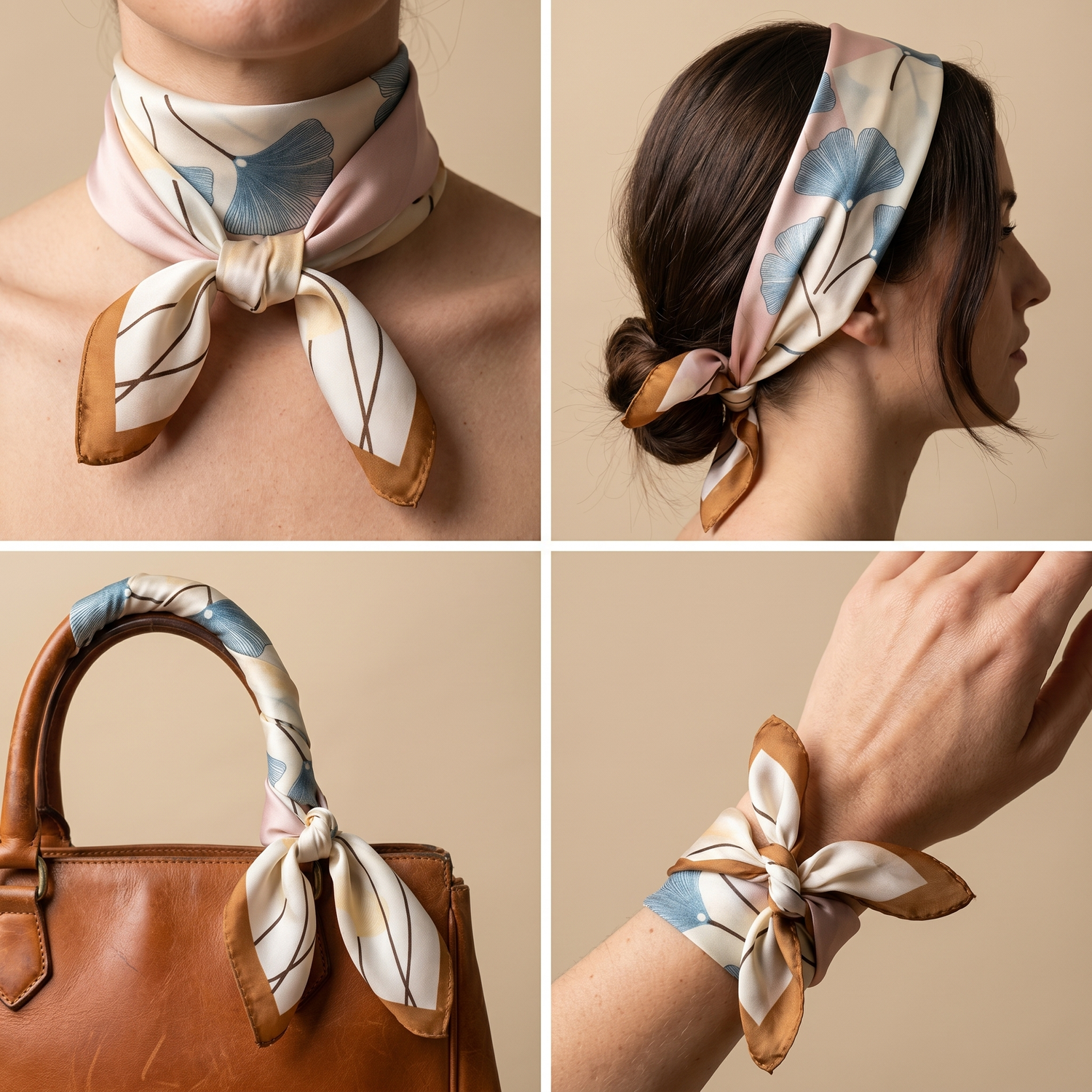 Roselys Paris foulard femme crème bleu abstrait carré satiné 70x70 cm, en bandeau dans les cheveux
