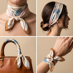 Roselys Paris foulard femme crème bleu abstrait carré satiné 70x70 cm, en bandeau dans les cheveux