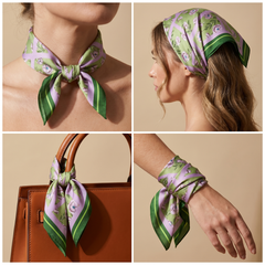 Roselys Paris foulard femme violet vert fleuri carré satiné 70x70 cm, en bandeau dans les cheveux