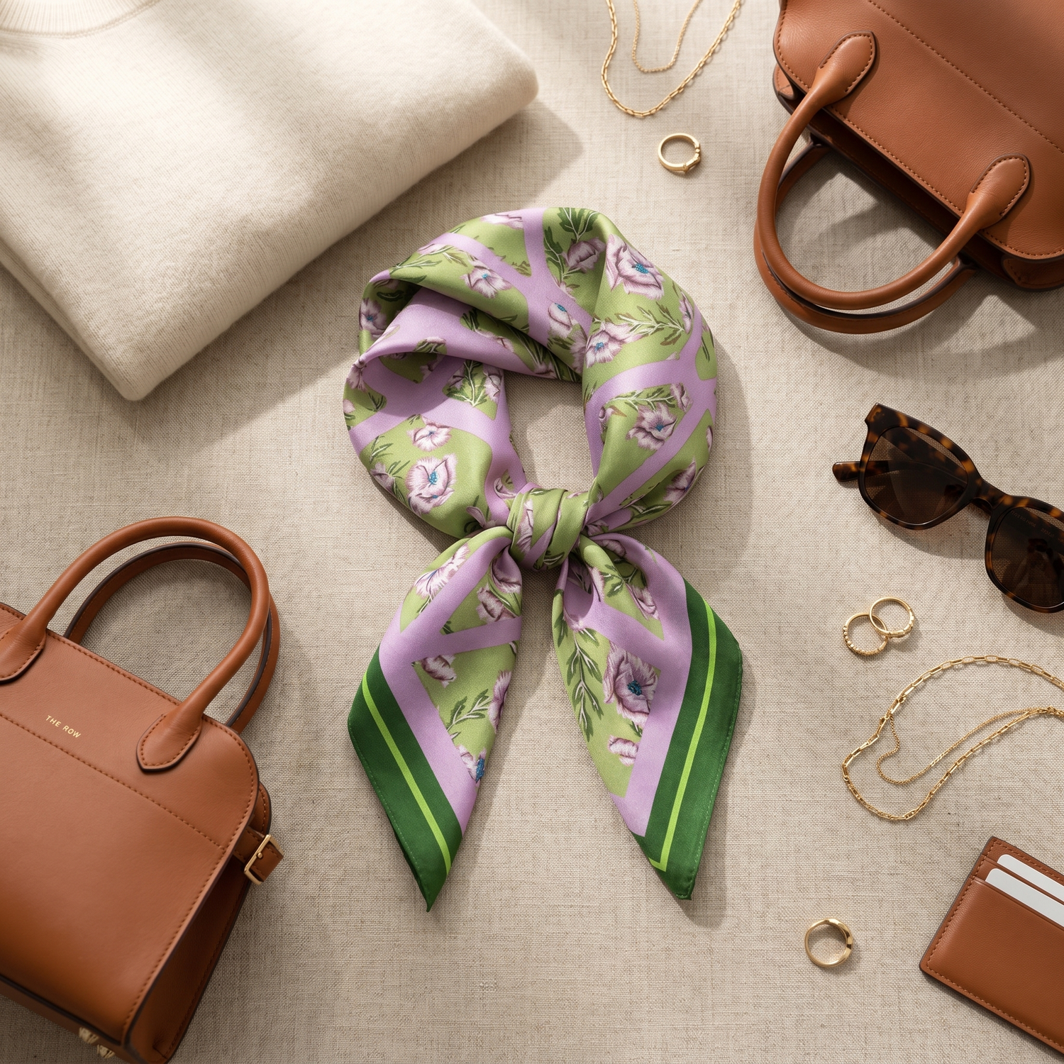 Roselys Paris foulard femme violet vert fleuri carré satiné 70x70 cm, porté au cou