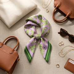 Roselys Paris foulard femme violet vert fleuri carré satiné 70x70 cm, porté au cou