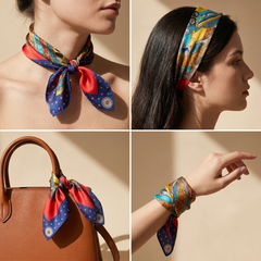Roselys Paris foulard femme bleu rouge paisley carré satiné 70x70 cm, en bandeau dans les cheveux