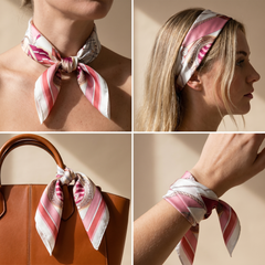 Roselys Paris foulard femme crème rose baroque carré satiné 70x70 cm, en bandeau dans les cheveux