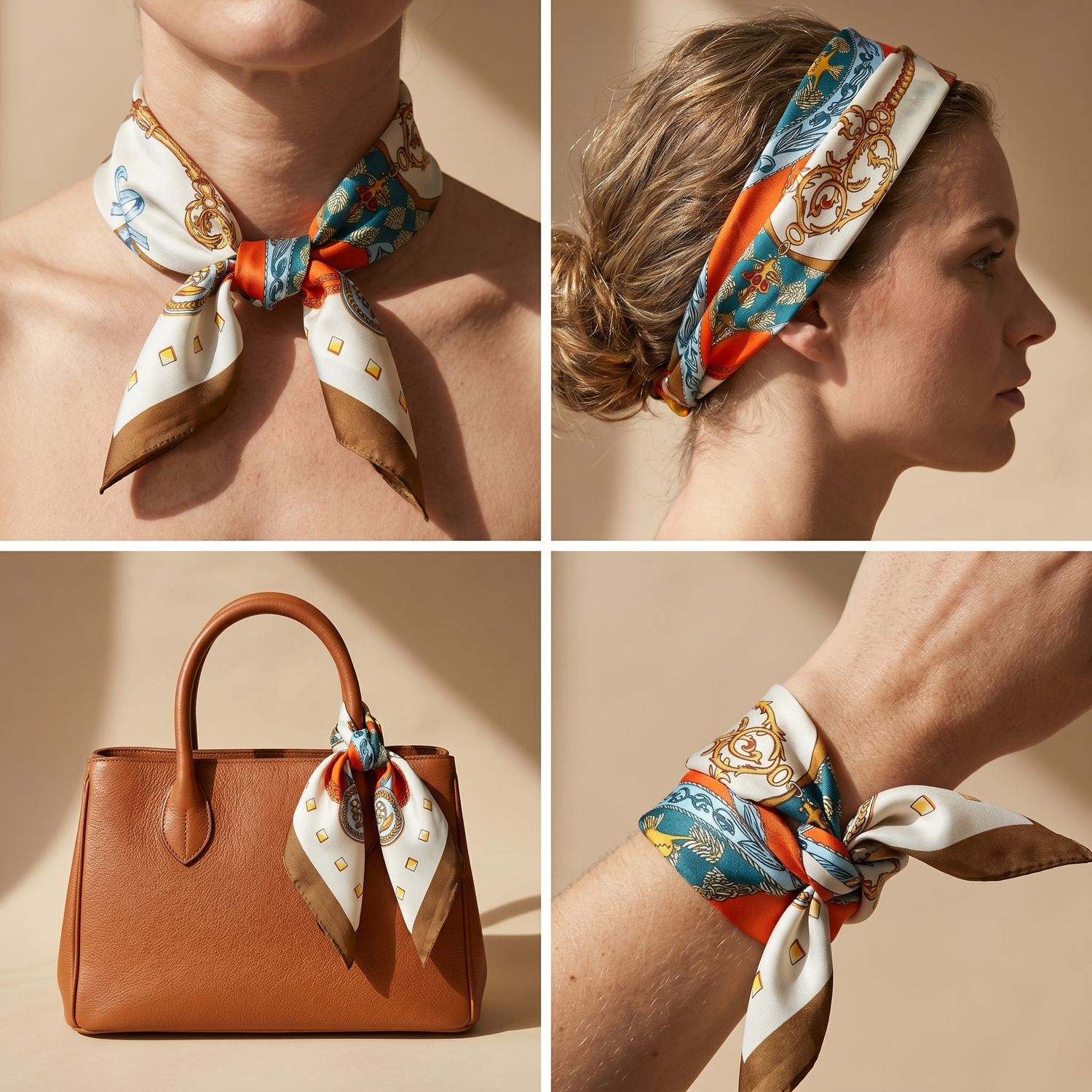 Roselys Paris foulard femme crème bleu baroque carré satiné 70x70 cm, en bandeau dans les cheveux