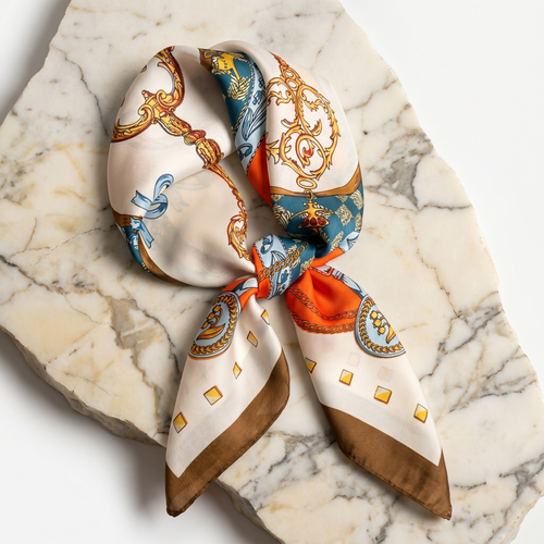 Foulard femme 70×70 cm Baroque blanc doré – Roselys Paris