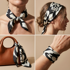 Roselys Paris foulard femme blanc noir abstrait carré satiné 70x70 cm, en bandeau dans les cheveux