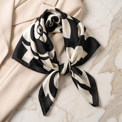 Foulard femme 70×70 cm Fleuri noir blanc – Roselys Paris