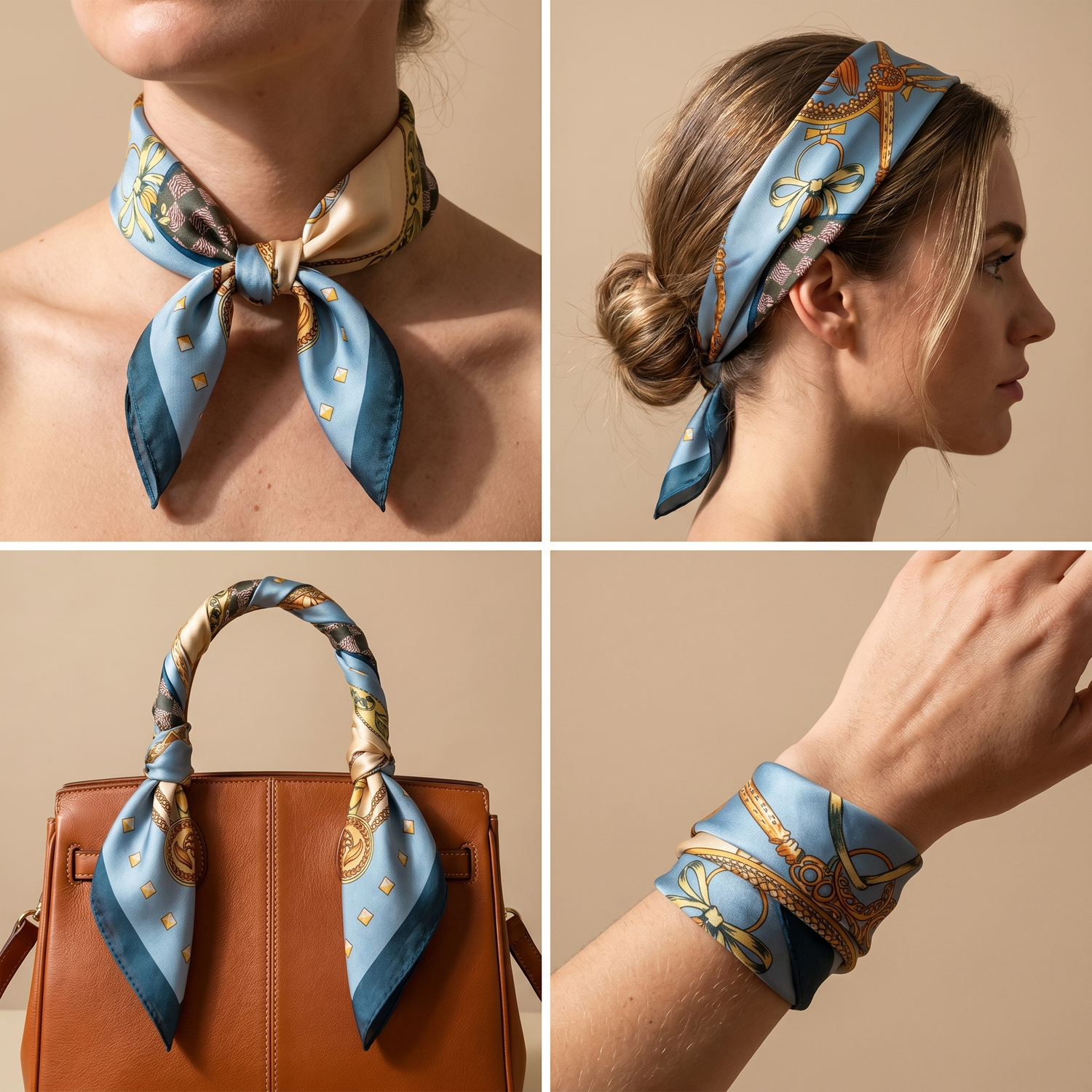 Roselys Paris foulard femme bleu doré baroque carré satiné 70x70 cm, en bandeau dans les cheveux