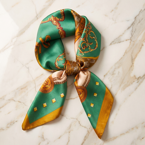Foulard femme 70×70 cm Baroque vert doré – Roselys Paris