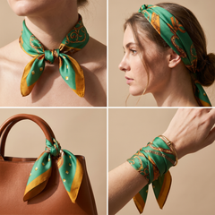 Roselys Paris foulard femme vert doré baroque carré satiné 70x70 cm, en bandeau dans les cheveux