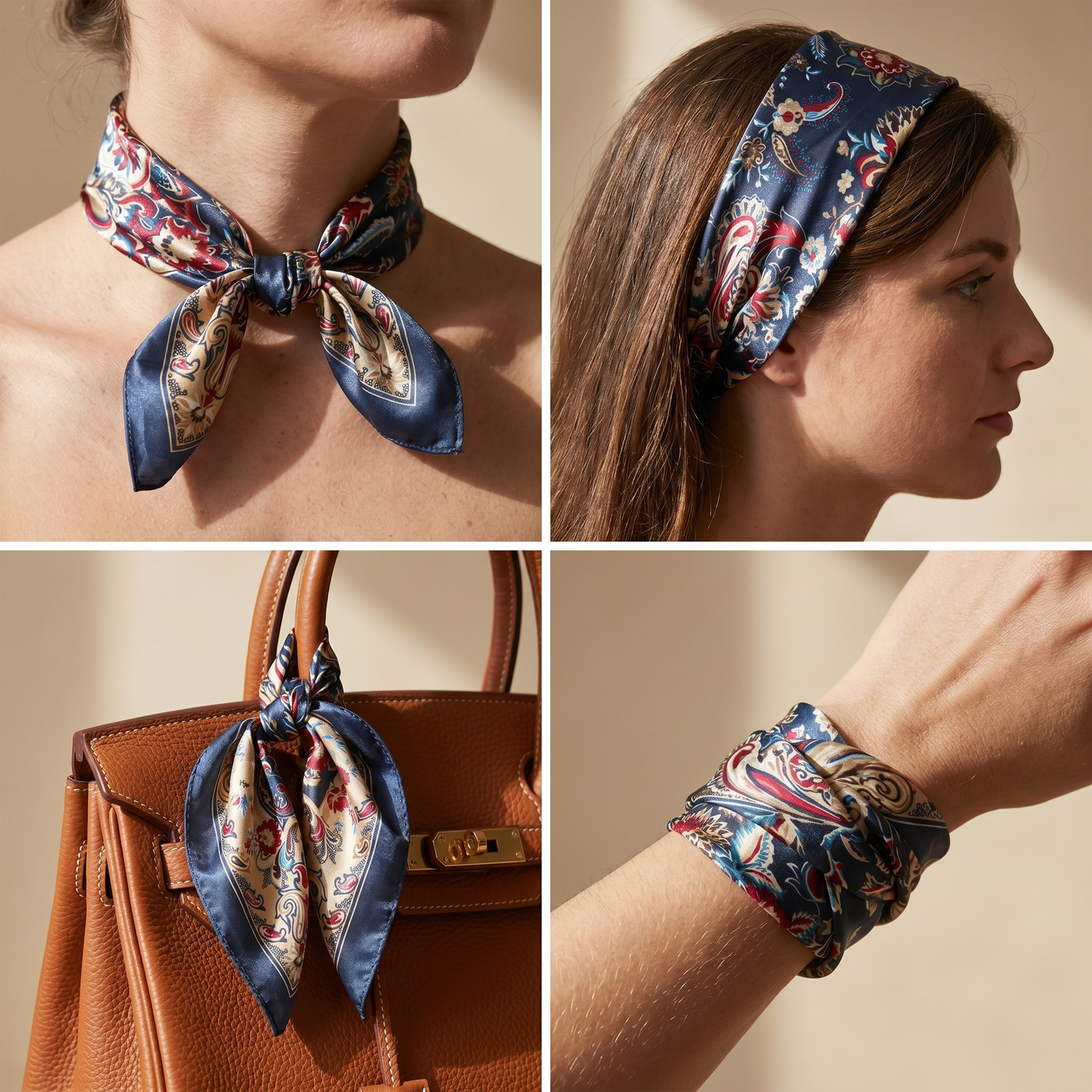 Roselys Paris foulard femme bleu rouge paisley carré satiné 70x70 cm, en bandeau dans les cheveux