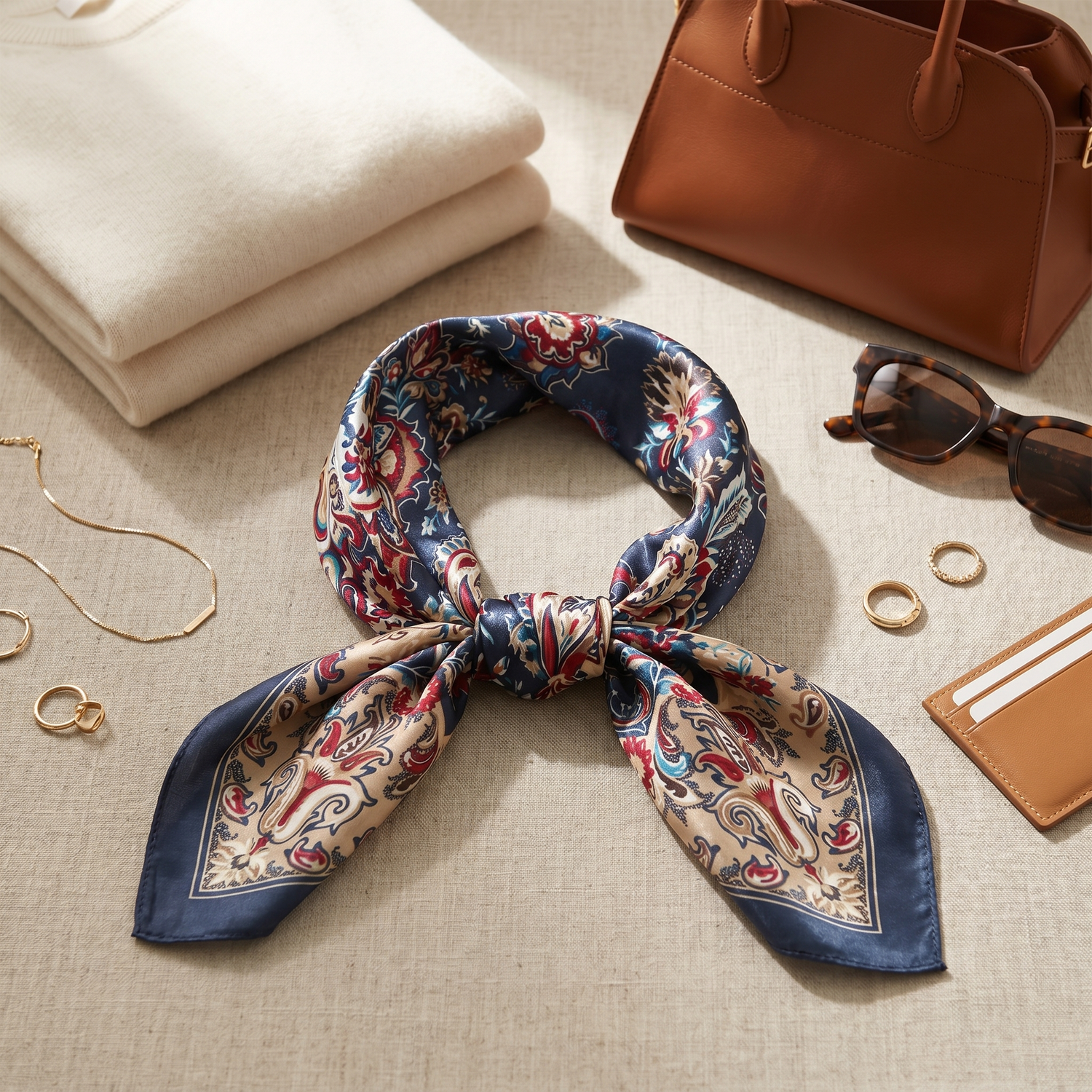 Roselys Paris foulard femme bleu rouge paisley carré satiné 70x70 cm, porté au cou