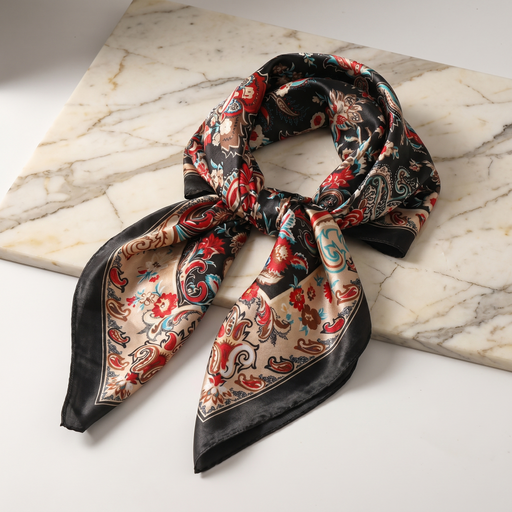 Foulard femme 70×70 cm Paisley noir rouge – Roselys Paris