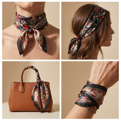 Roselys Paris foulard femme noir rouge paisley carré satiné 70x70 cm, en bandeau dans les cheveux
