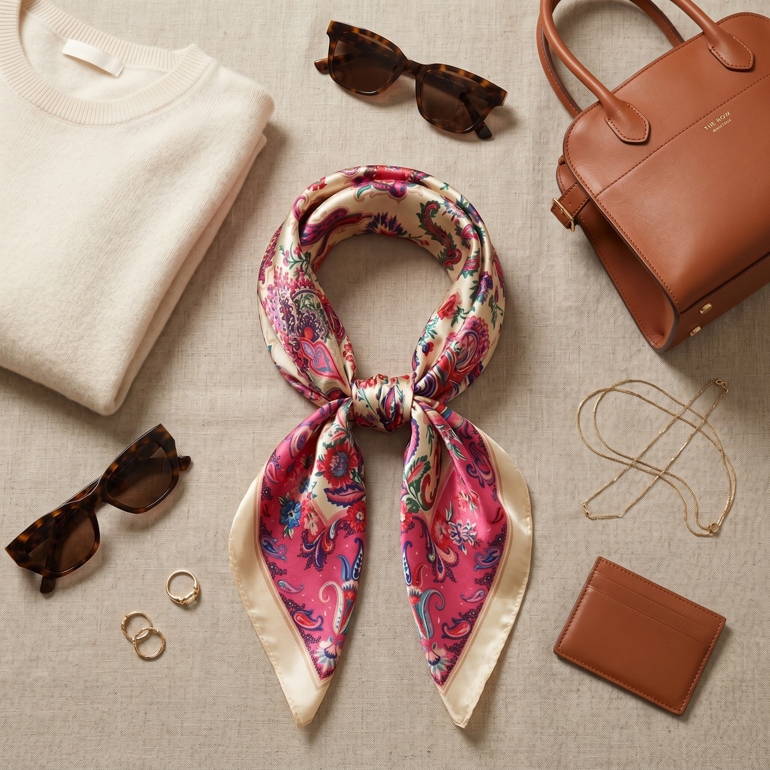 Roselys Paris foulard femme crème rose fleuri carré satiné 70x70 cm, porté au cou