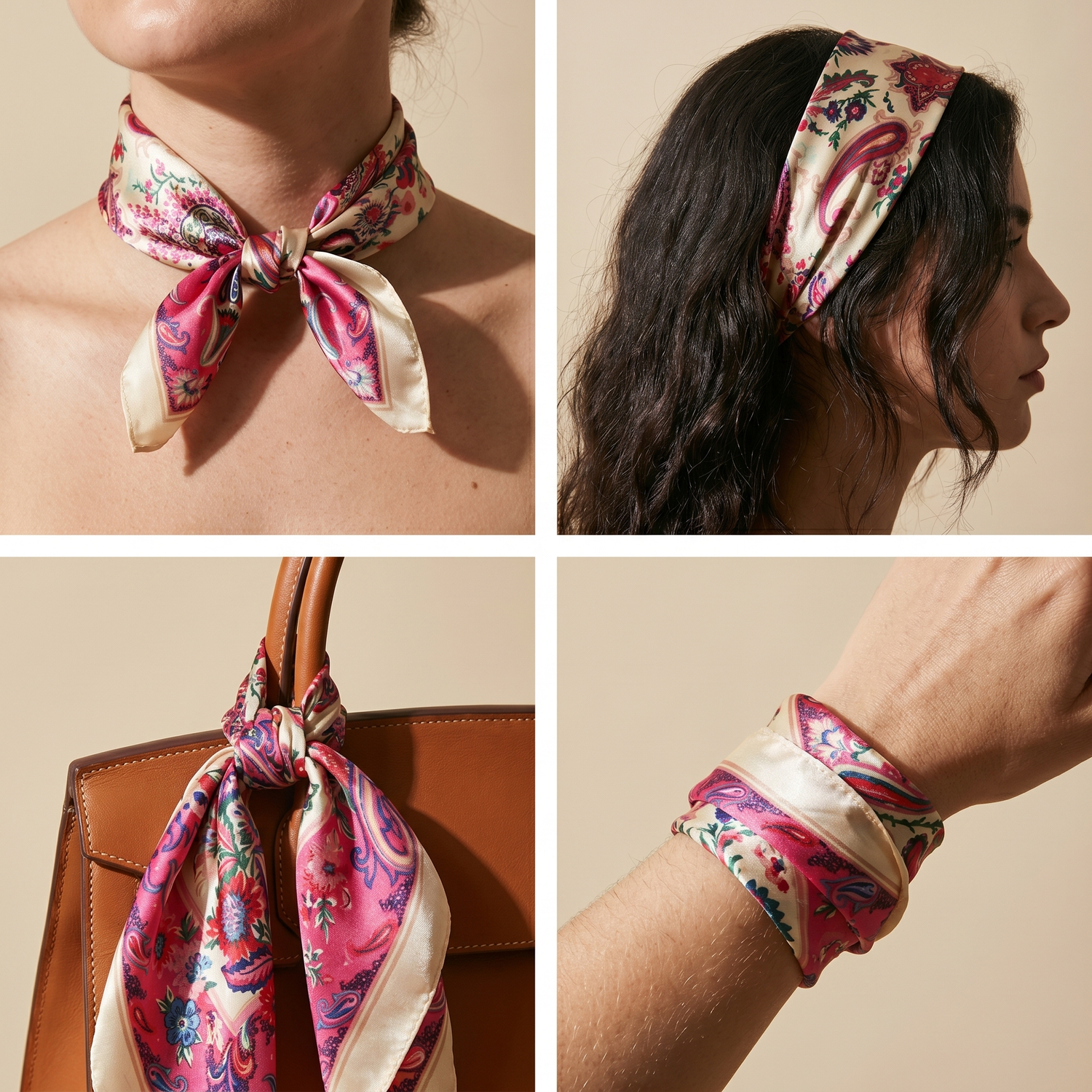 Roselys Paris foulard femme crème rose fleuri carré satiné 70x70 cm, en bandeau dans les cheveux