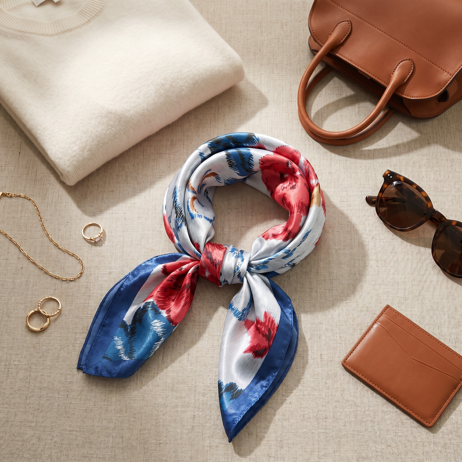 Roselys Paris foulard femme blanc rouge fleuri carré satiné 70x70 cm, porté au cou