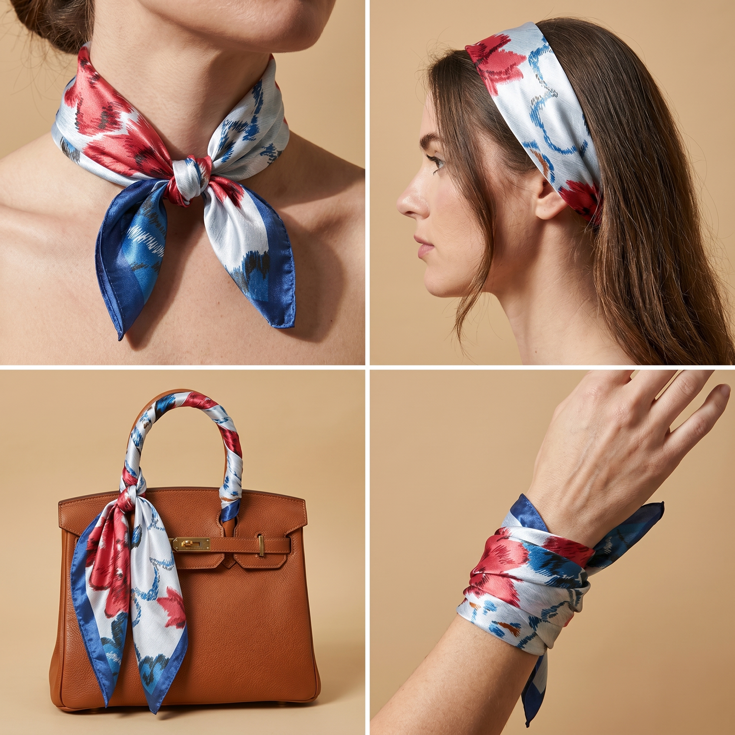 Roselys Paris foulard femme blanc rouge fleuri carré satiné 70x70 cm, en bandeau dans les cheveux