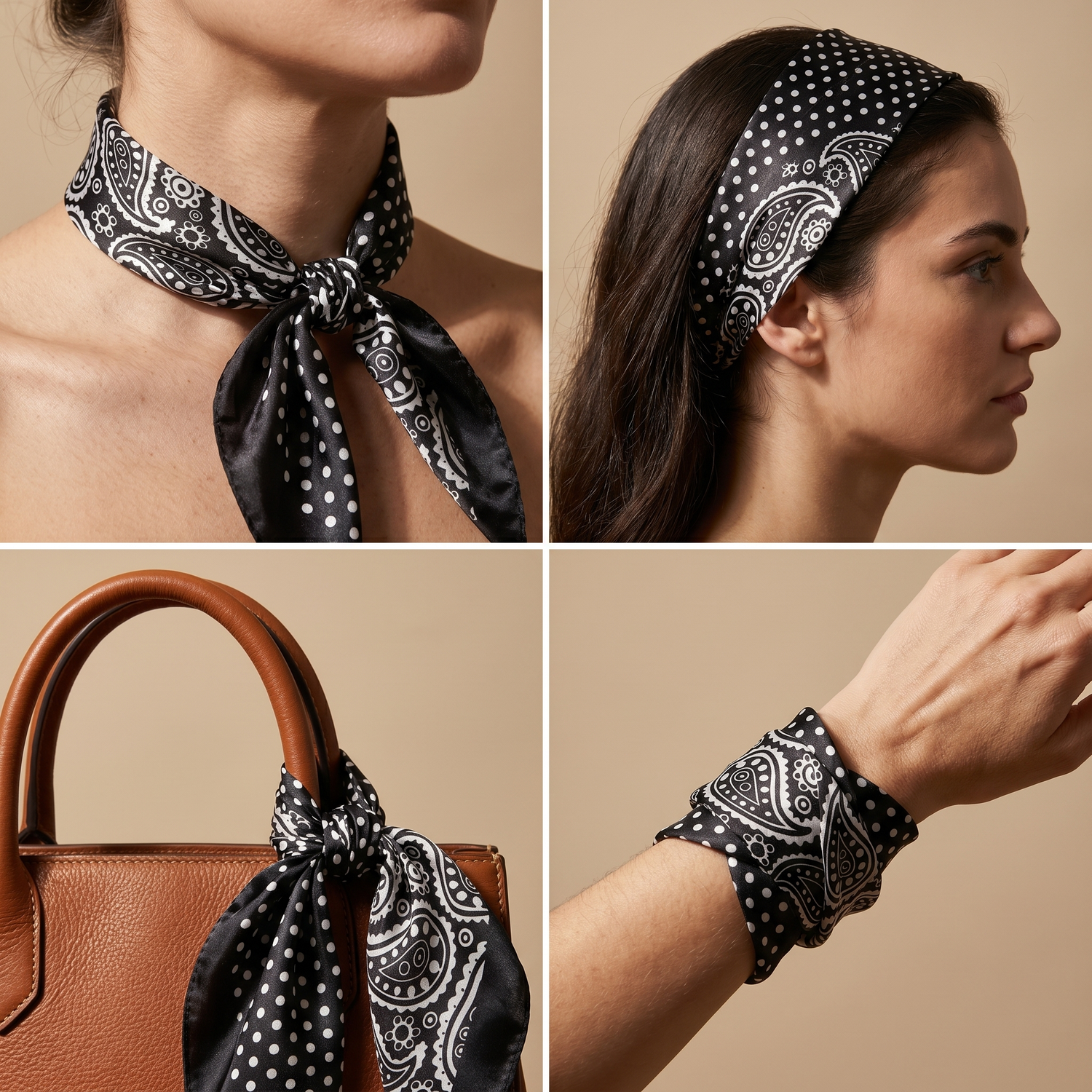 Roselys Paris foulard femme noir blanc paisley carré satiné 70x70 cm, en bandeau dans les cheveux