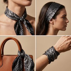 Roselys Paris foulard femme noir blanc paisley carré satiné 70x70 cm, en bandeau dans les cheveux