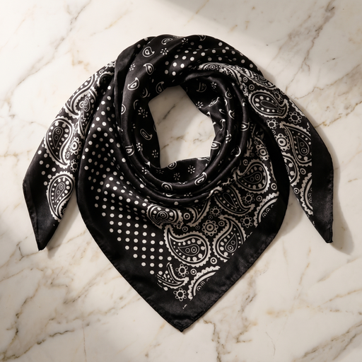 Roselys Paris foulard femme noir blanc paisley carré satiné 70x70 cm