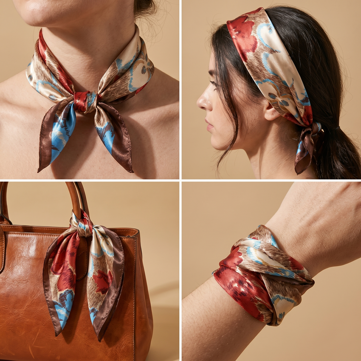 Roselys Paris foulard femme crème rouge fleuri carré satiné 70x70 cm, en bandeau dans les cheveux