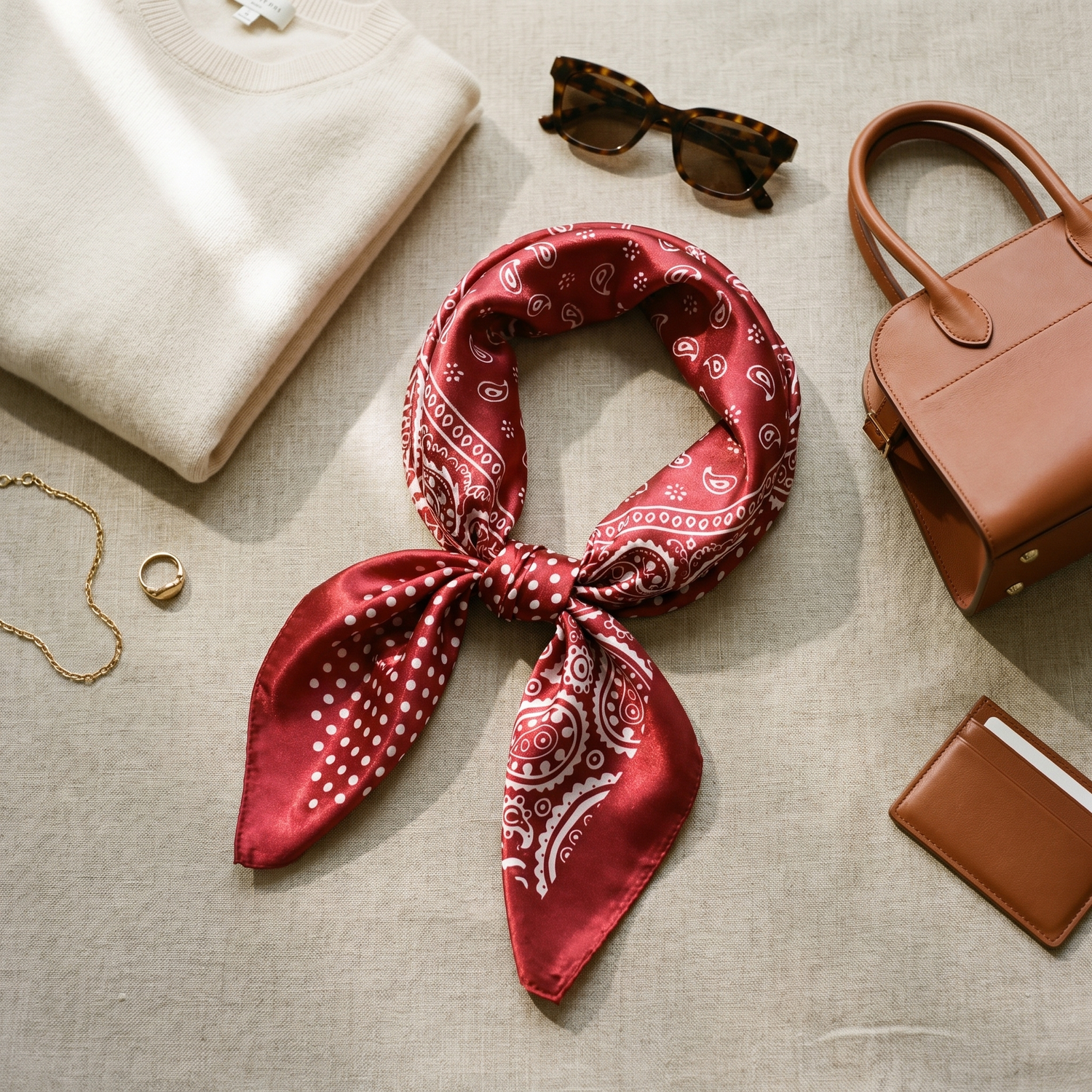 Roselys Paris foulard femme bordeaux noir paisley carré satiné 70x70 cm, porté au cou