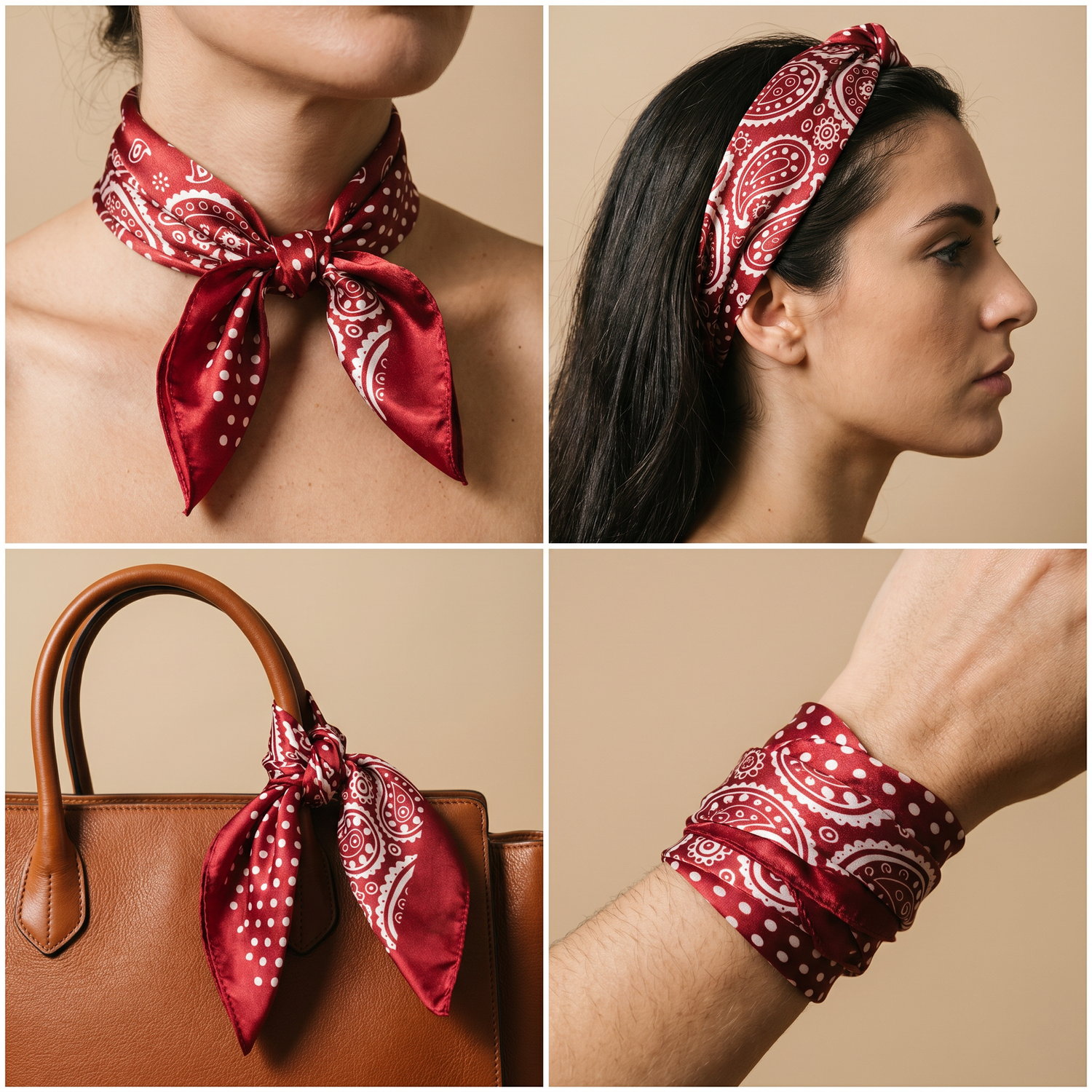 Roselys Paris foulard femme bordeaux noir paisley carré satiné 70x70 cm, en bandeau dans les cheveux