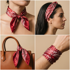 Roselys Paris foulard femme bordeaux noir paisley carré satiné 70x70 cm, en bandeau dans les cheveux