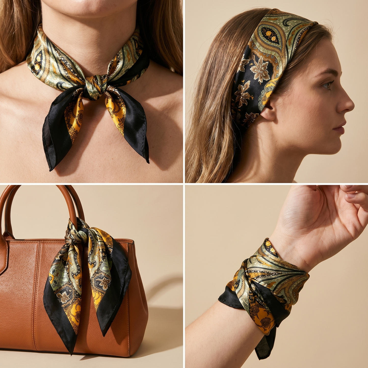 Roselys Paris foulard femme doré noir baroque carré satiné 70x70 cm, en bandeau dans les cheveux