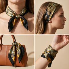 Roselys Paris foulard femme doré noir baroque carré satiné 70x70 cm, en bandeau dans les cheveux