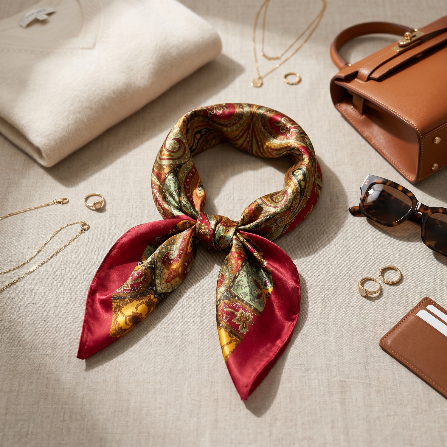 Roselys Paris foulard femme rouge doré baroque carré satiné 70x70 cm, porté au cou
