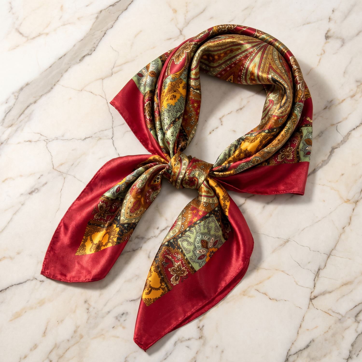 Roselys Paris foulard femme rouge doré baroque carré satiné 70x70 cm
