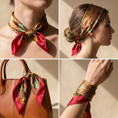 Roselys Paris foulard femme rouge doré baroque carré satiné 70x70 cm, en bandeau dans les cheveux