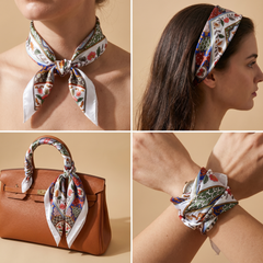 Roselys Paris foulard femme blanc rose paisley carré satiné 70x70 cm, en bandeau dans les cheveux