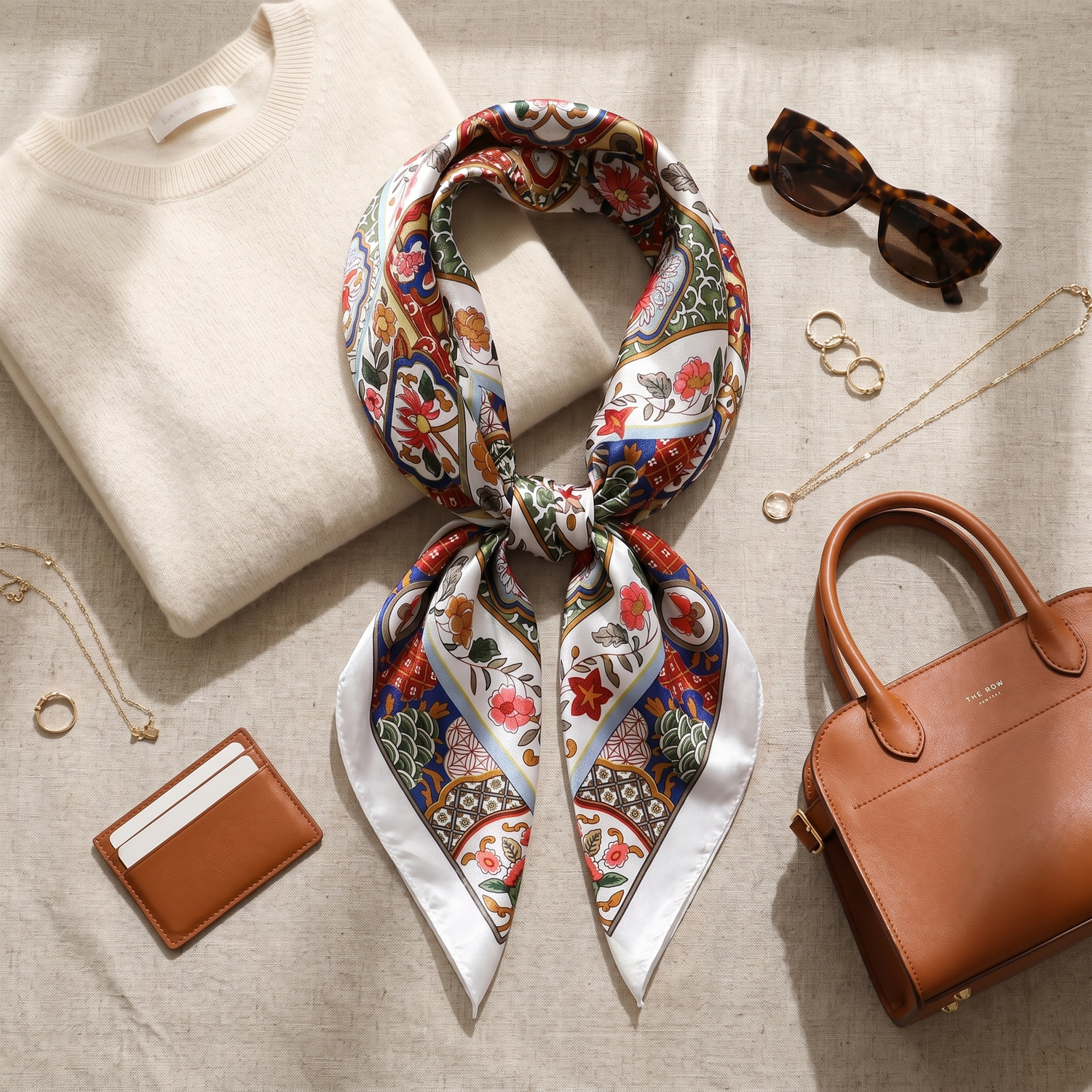 Roselys Paris foulard femme blanc rose paisley carré satiné 70x70 cm, porté au cou