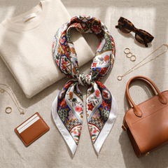 Roselys Paris foulard femme blanc rose paisley carré satiné 70x70 cm, porté au cou