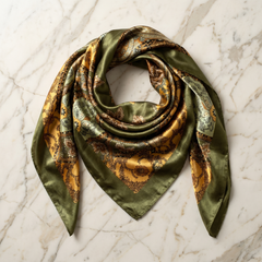 Roselys Paris foulard femme vert doré baroque carré satiné 70x70 cm