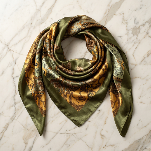 Roselys Paris foulard femme vert doré baroque carré satiné 70x70 cm