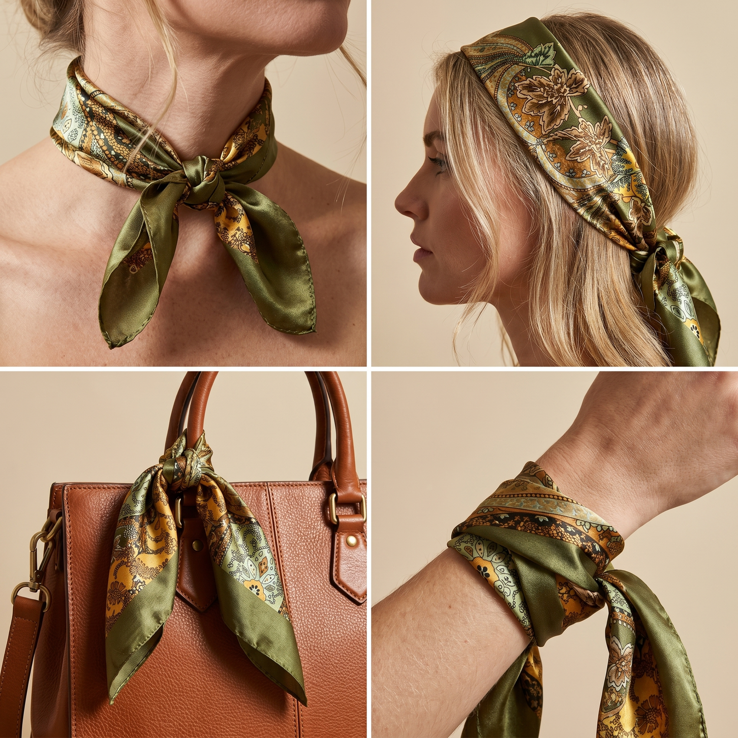 Roselys Paris foulard femme vert doré baroque carré satiné 70x70 cm, en bandeau dans les cheveux