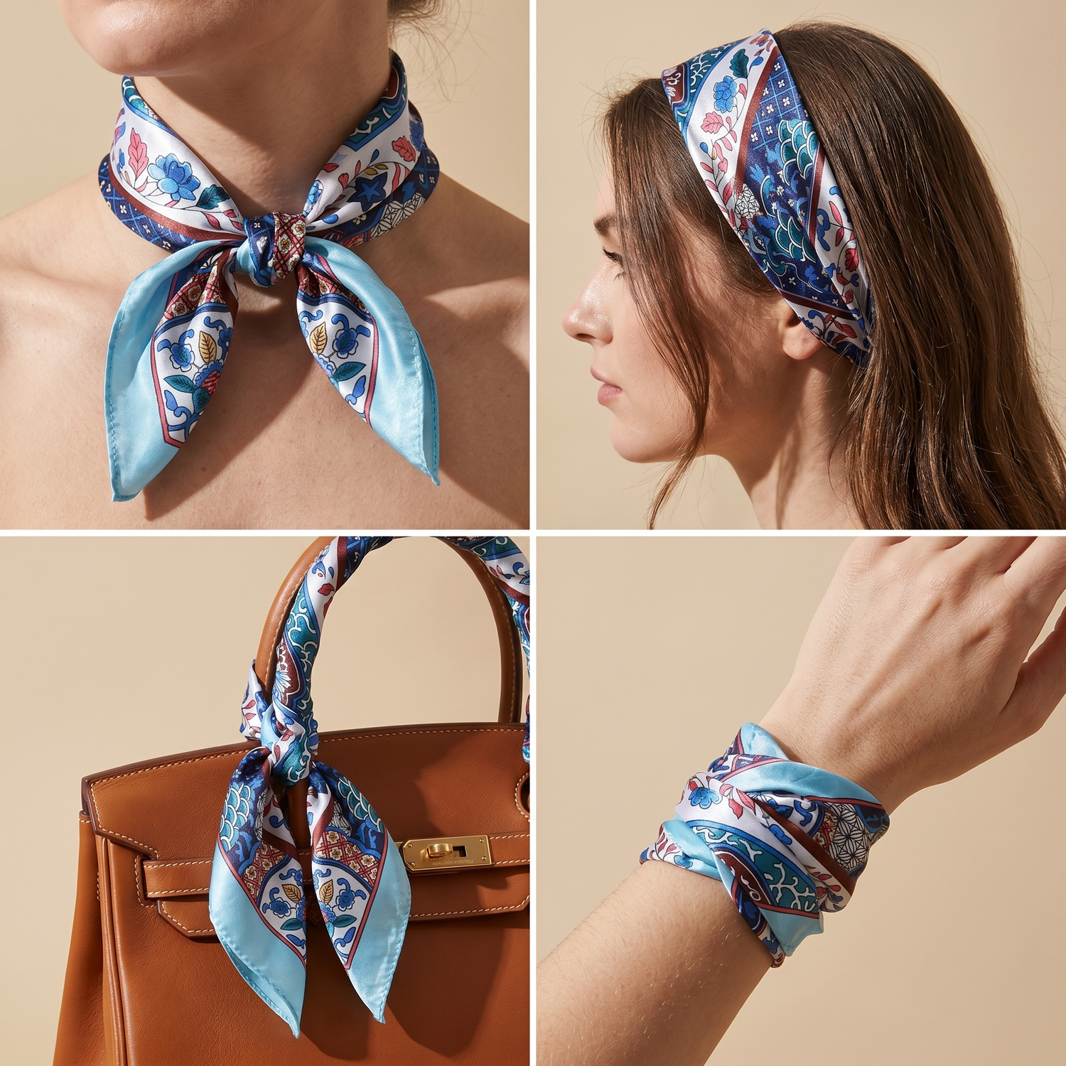 Roselys Paris foulard femme bleu rouge paisley carré satiné 70x70 cm, en bandeau dans les cheveux