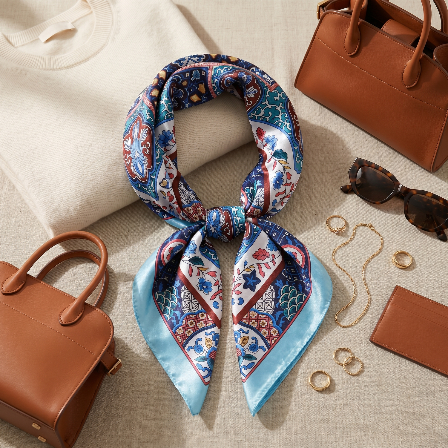 Roselys Paris foulard femme bleu rouge paisley carré satiné 70x70 cm, porté au cou