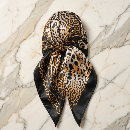 Roselys Paris foulard femme beige marron animalier carré satiné 70x70 cm