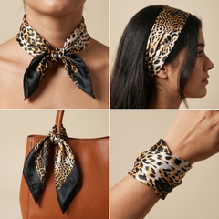 Roselys Paris foulard femme beige marron animalier carré satiné 70x70 cm, en bandeau dans les cheveux