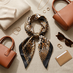 Roselys Paris foulard femme beige marron animalier carré satiné 70x70 cm, porté au cou